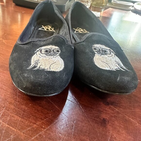Vintage YRU Pug with Glasses Black Suede Flats Size 7.5 - Picture 10 of 11